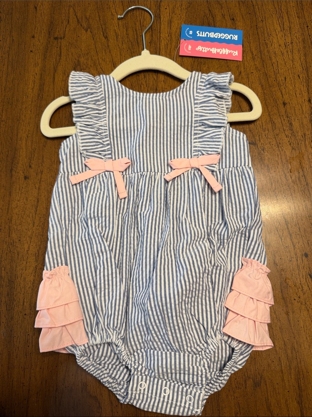 RuffleButts Blue stripes Baby Romper with Pink Accents and bows! New w tags